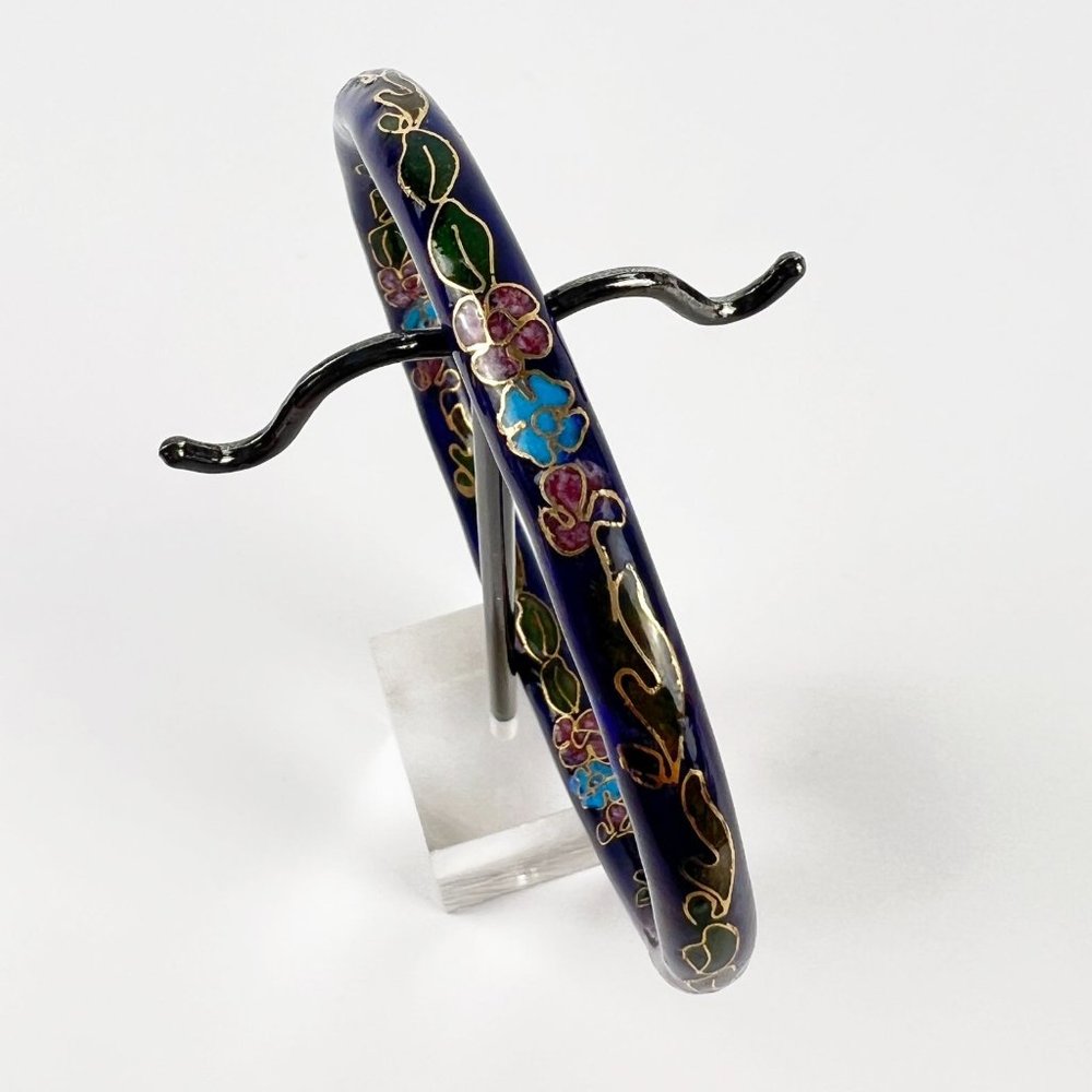 Vintage Chinese Navy Blue Cloisonne Enamel Floral Bangle Bracelet